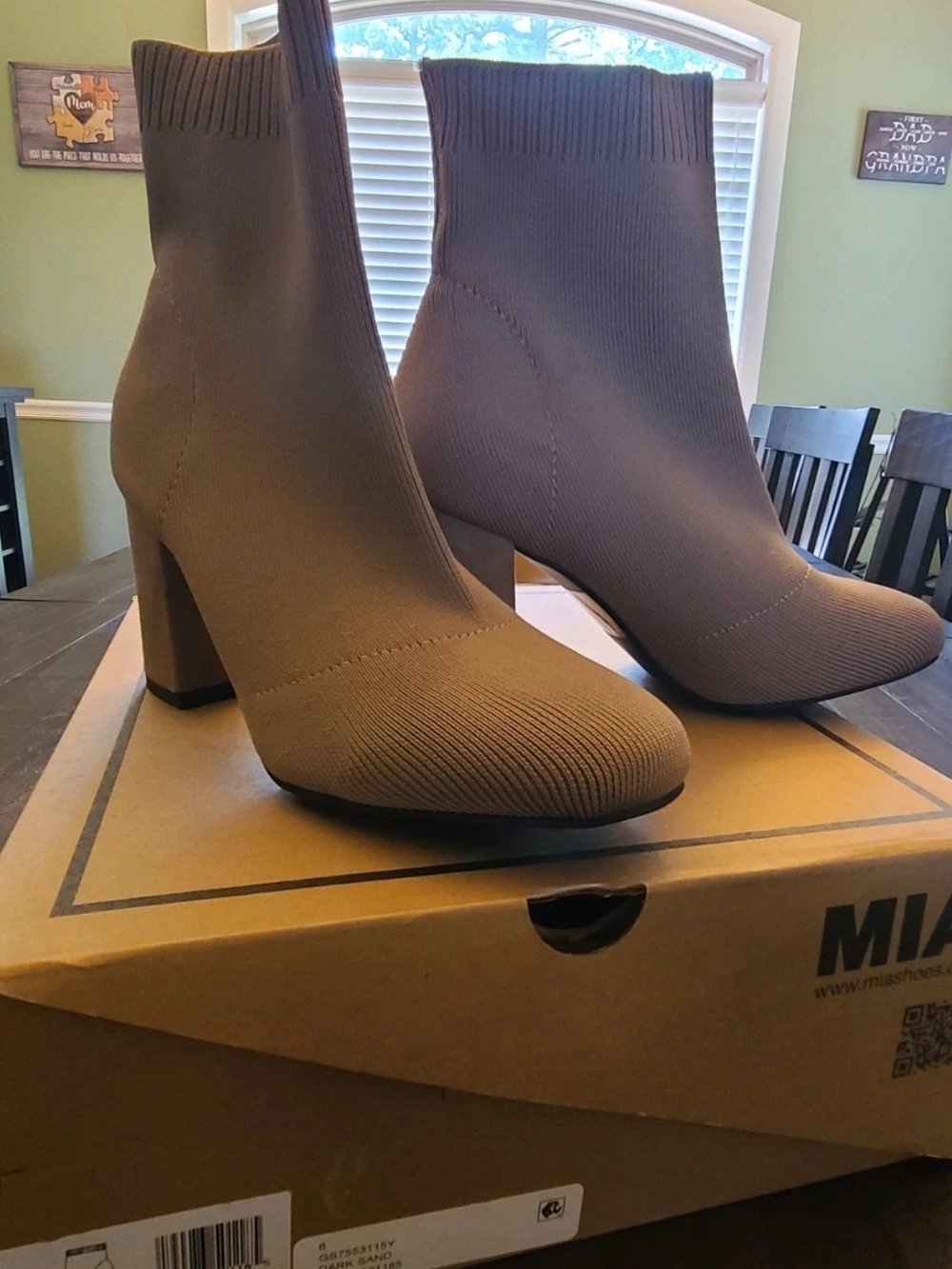 MIA Taupe Knit Sock Booties with Block Heel